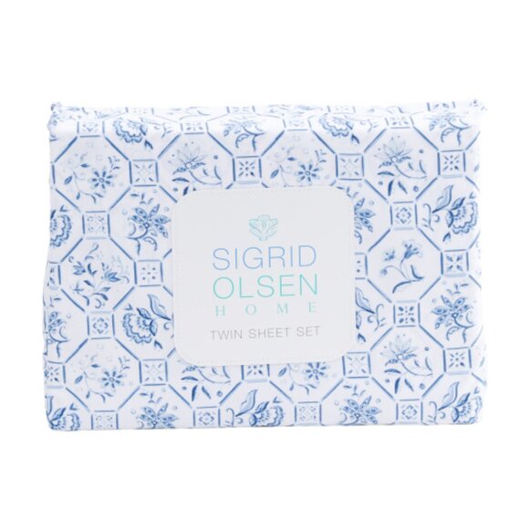 4-pc SIGRID OLSEN Portugal Blue Tile Floral KING Size Sheet Set - Picture 1 of 2